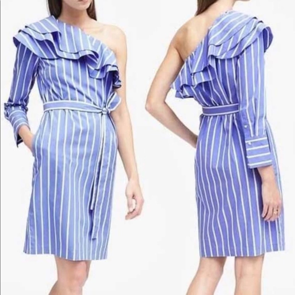 🔥 Banana Republic blue striped dress single sleeve 6P